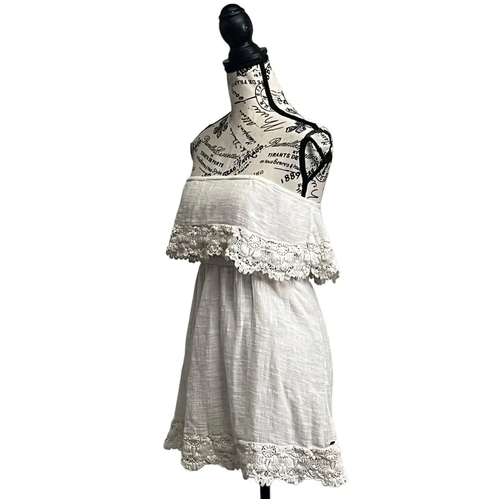 O’Neill Beige Strapless Linen Mini Dress Lace Crochet Boho Peasent Beach S - Picture 2 of 9